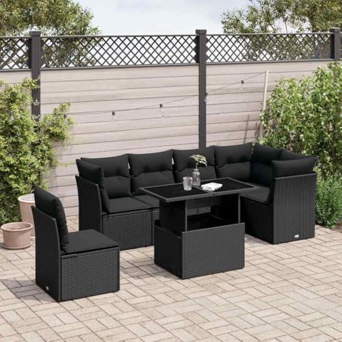 Qnhdfrt Garten Sofagarnitur 7 teilig Schwarz PE Rattan mit Kissen und...
