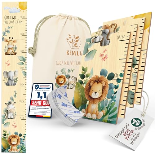 KEMLA Messlatte Kinder Holz 80-150 cm Kinderzimmer Deko Mädchen & Jungen | Babyzimmer Deko | Geschenk für junge Eltern & Taufgeschenk | Naturholz | ohne Bohren mit 3M Klebepads | inkl. Stoffbeutel