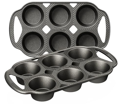HONGBAKE Everline Collection Cast Iron Muffin Pans Non toxic Uncoated 6-Cup Muffin Tins Non-Stick Pre-Seasoned Cupcake Tray Pan Set for Baking Oven & Stovetop Safe Standard Size 2 Pack