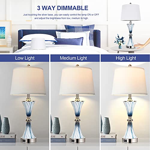 Set of 2 Blue Glass Table Lamps for Bedrooms with 2 USB ports 3-Way Dimmable Touch Coastal Bedside Lamps for Contemporary Style Modern Nightstand Lamps with 2 LED Bulbs for Home Lighting Decoration - Image 2