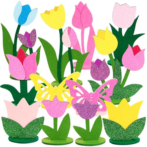 Image of 18 PCS Tulip Felt Table Decorations Butterfly Felt Table Centerpieces Flowers Tulip Centerpieces for Spring Decoration for Home Office Mother's Day Decorations