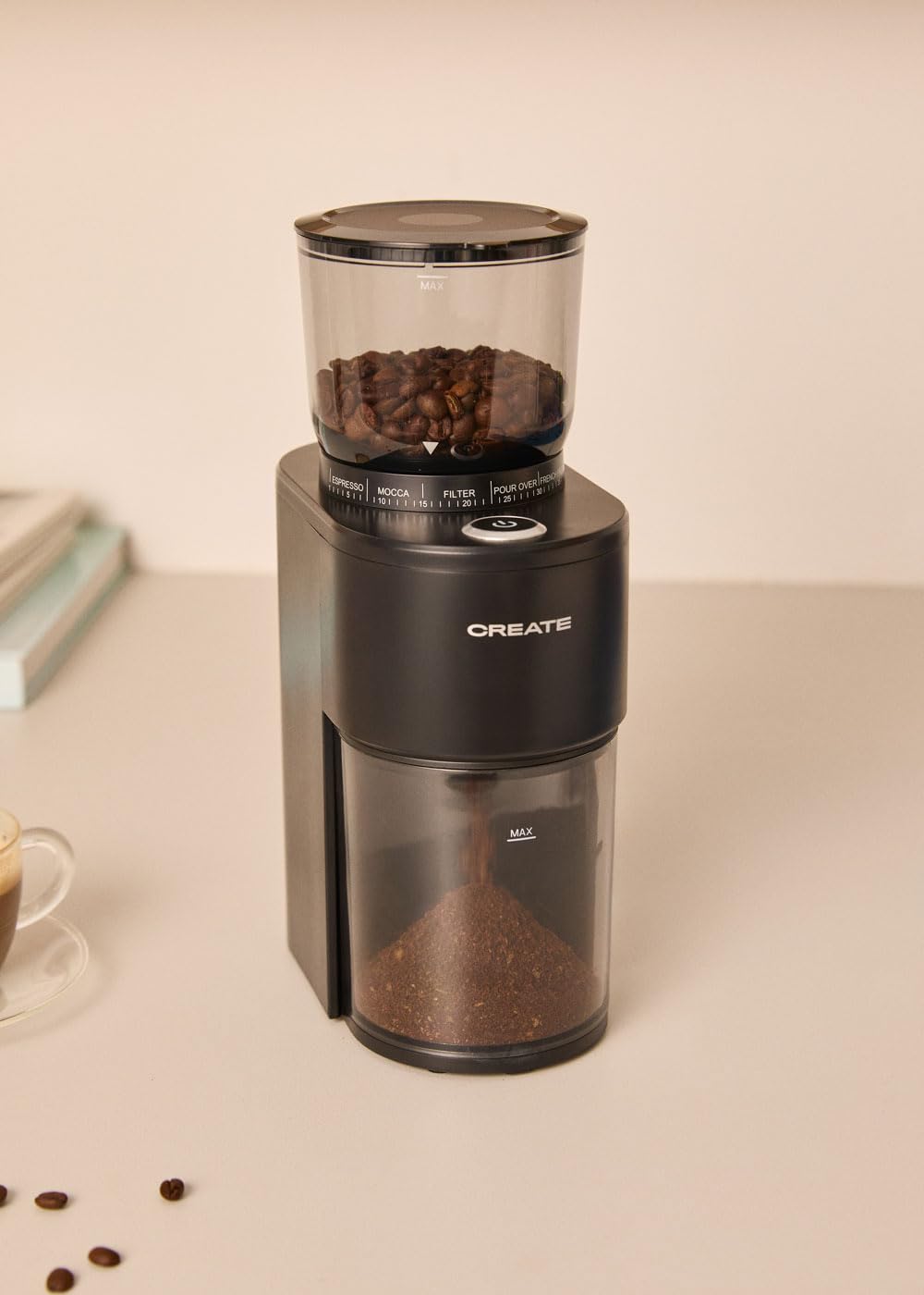 CREATE/COFFEE GRINDER STUDIO PRO/Macina caffè con contenitore nero/Capacità fino a 150g, 38 livelli di macinatura, sistema di sicurezza, 200W