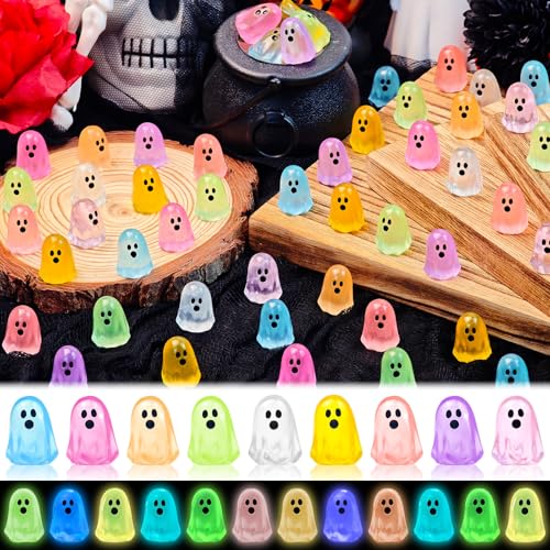 Feivando 132 Pcs Halloween Luminous Mini Ghost Figures 9 Colors Glow in the Dark Tiny Little Resin Ghost Statues Miniature Figurines for Halloween Vase Filler Micro Landscape Fairy Garden Party Decor