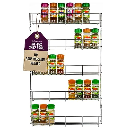 Image of andrew james 1 /2 /3 /4 /5 Spice Rack Organiser - No Assembly Needed | Chrome Hanging Spice Shelf for Inside Cupboard Door or Wall Mounted | Kitchen Organiser (5-Etage)