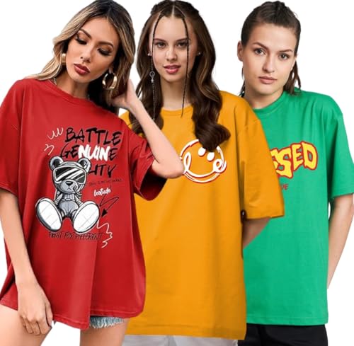 Image of LEOTUDE Oversized Cotton Blend Printed Women's T-Shirts Combo (Pack of 3)