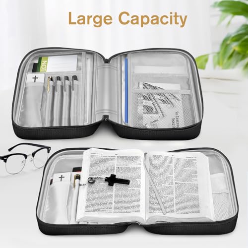 Image of FINPAC Bible Cover, Carrying Book Case Church Bag Bible Protective with Handle and Zippered Pocket, Gift for Mother Lady Women Men, Black & Brown