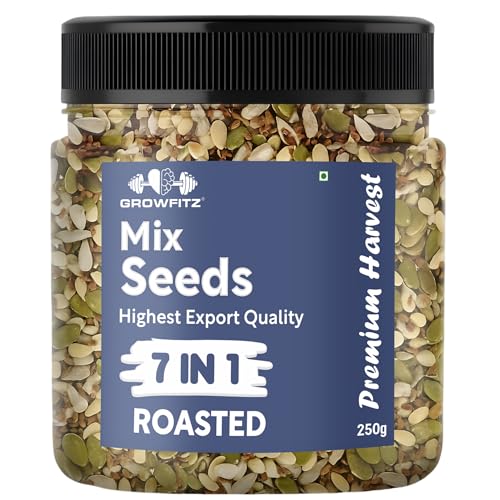 Image of Growfitz 7-in-1 Super Seed Mix | 250g | 24.4g High Protein & Fiber | Roasted Pumpkin, Sunflower, Flax, Chia, Soy Nuts & Sesame | Healthy Snack |