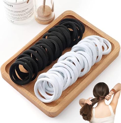 Image of BIRDWARE Black Hair Ties for Women Girls, Seamless Thick Black Hair Band, Multi color Elastic Hair Ties No Damage Ponytail Holder (30Pc Black & White Ring)