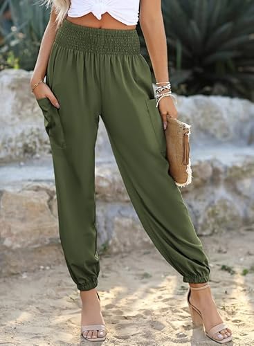 Dokotoo Women'S Summer Boho Pants Long Cargo High Waisted 2024 Fall Maternity Trousers Baggy Parachute Flowy Leggings With Pockets Oversized,Jungle Green X-Large thumb #1