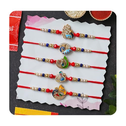 Image of Rakhi for Brother Set of 5 Rakhi With Roli Chawal and Best Wishes Card
