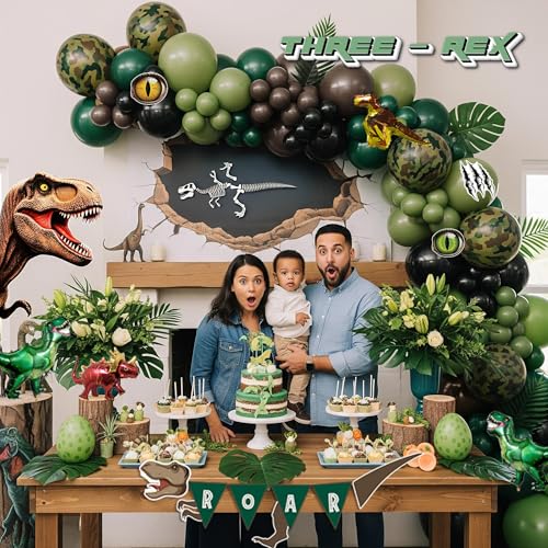 Image of Dinosaur Birthday Party Decorations hunter Green black brown balloon arch kit with mini dino Foil balloons ROAR Banner Dinosaur eye stickers for jungle adventure Boy Scouts three rex Jurassic Supplies