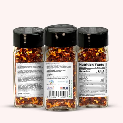 Image of Pure Tree Certified Organic Chilli Flakes Medium Spicy | 40 g | Glass Jar | Crushed Red Pepper Flakes | Pizza Pasta Seasoning | Dried Red Chilli Pieces | Organic Spice