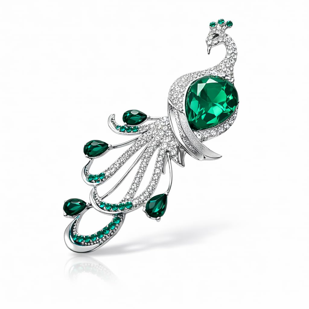 Peacock Brooch Pin, Purple Crystal, Silver Tone, Rhinestone Embellished, for Sarees, Dresses and Blazers