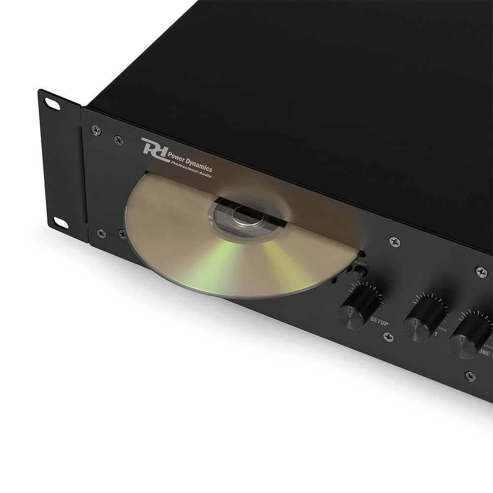 Power Dynamics PRC120 Amplificador 100V 120W con CD y Bluetooth | Reproductor CD integrado, alimentación Phantom, control de tono, compatible con instalaciones de música ambiental.