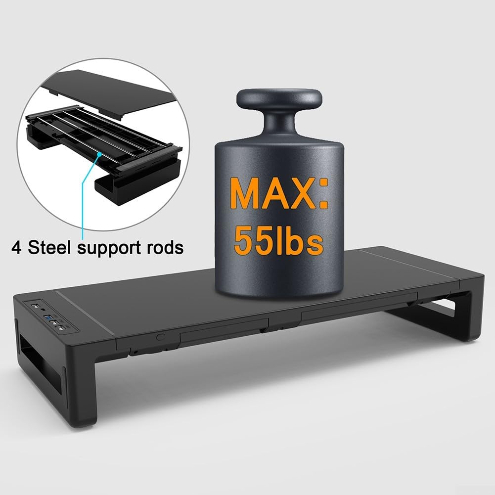 Oniissy Supporto multiuso per monitor con interfaccia USB 3.0, altezza regolabile, supporto per monitor regolabile in altezza, organizer da scrivania da gioco (nero)