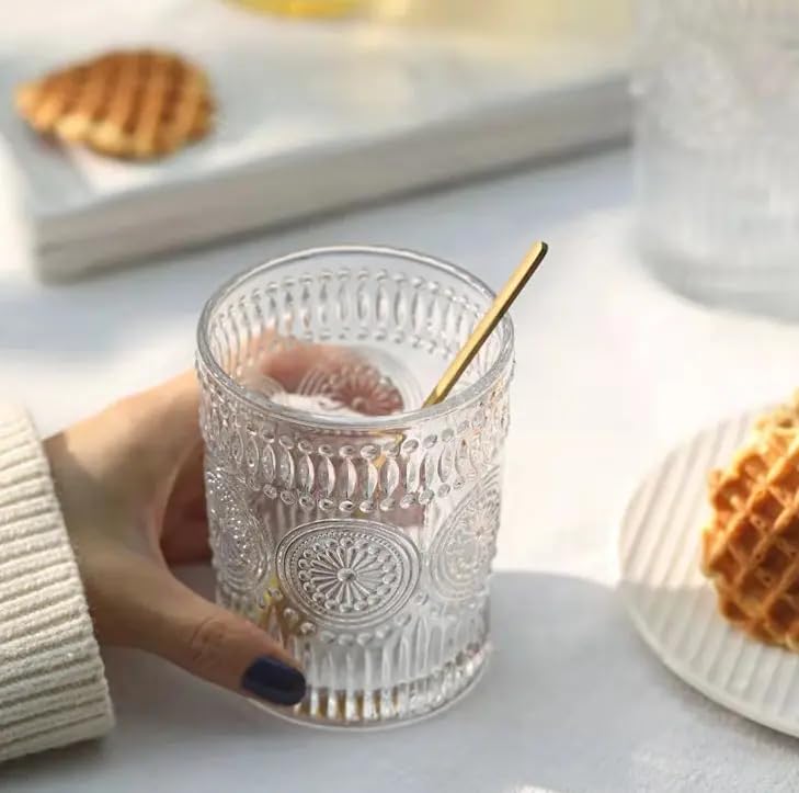 Image of Whiskey Glasses Set of 6 pcs- 300 ml Bar Glass for Drinking Bourbon, Whisky, Scotch, Cocktails, Cognac- Old Fashioned Cocktail Tumblers (6, Embossed)
