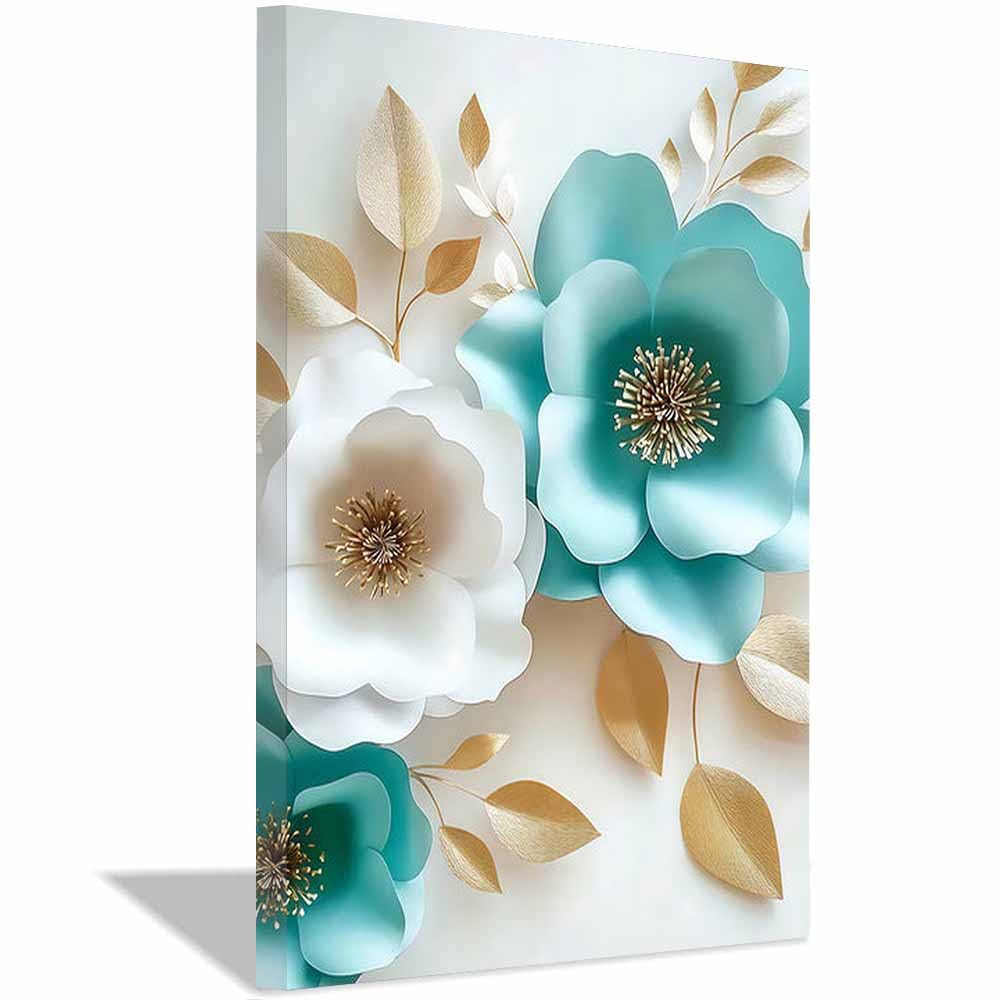 QUSAAOU Modernes Wohnzimmer Papierschnitt Türkise Blumen Leinwandbilder Eignen Sich Zur Dekoration Von Schlafzimmern,Wohnzimmern Und Badezimmern(Türkis)-70x100cm Gerahmt