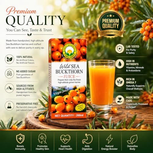 Image of Basic Ayurveda Wild Sea Buckthorn Juice 200 ml | Herbal Berry Juice for Men & Women | Natural Vitamin C, Vitamin E, Omega 3 6 7 9 & Antioxidants | Supports Immunity, Skin Health & Daily Wellness