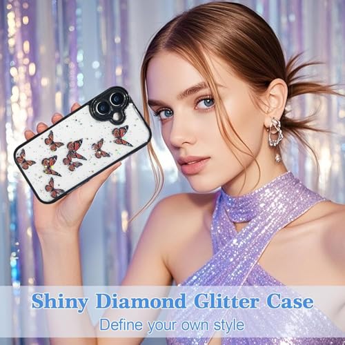Image of VONZEE for iPhone 16 Clear Glitter Butterfly Case, Cute Bling Sparkle Shiny Soft TPU Bumper Shockproof Women Girls Slim Protective Phone Cover for iPhone 16 6.1 inch,Black
