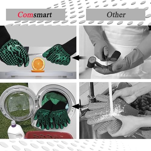 Image of Comsmart BBQ Gloves, 1472F Heat Resistant Grilling Gloves Silicone Non-Slip Oven Gloves Long Kitchen Gloves for Barbecue, Cooking, Baking, Short, Green