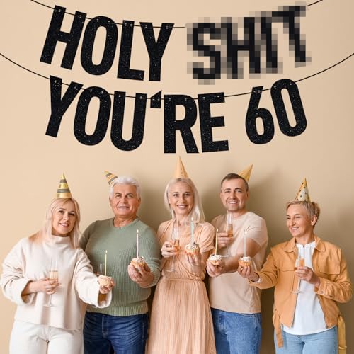 Image of Black Glitter Holy Shit You're 60 Banner, Happy 60th Birthday /Cheers to 60 Years, Funny 60th Birthday Party Decorations Supplies