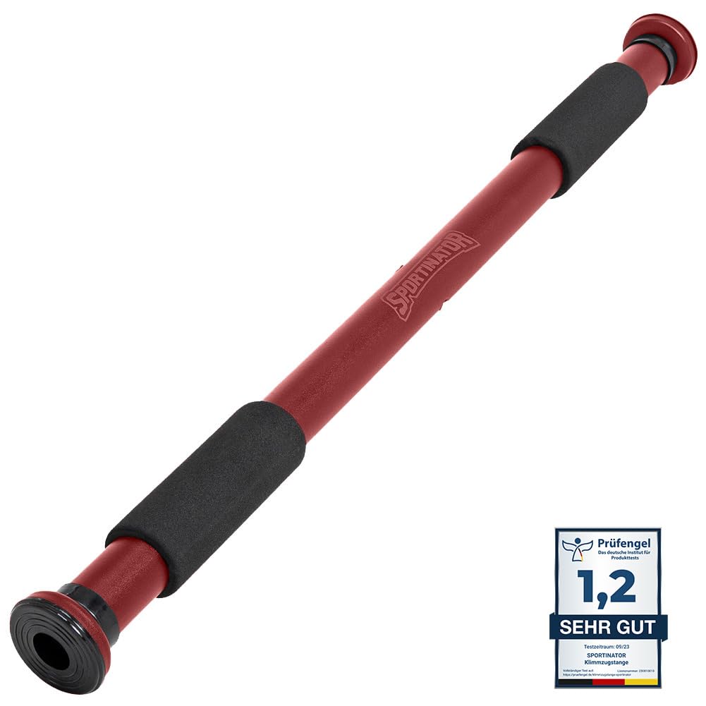 SPORTINATOR® Klimmzugstange zum Einspannen im Türrahmen, für dein Home-Gym. Länge 60–102 cm, kompakt, sicher & schnell ohne Bohren, belastbar bis 150 kg (dunkelrot)