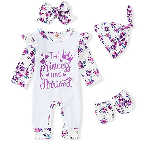 Image of GRNSHTS Newborn Baby Girl Romper Infant Letter Print Jumpsuit Floral Bodysuit+Hat+Headband+Gloves Coming Home Clothes Outfits