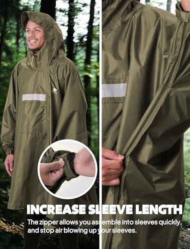 ANYOO Wasserdichter Regenponcho Winddichter Regenmantel mit Seitlichem Reißverschluss, Leichter Regenjacke mit Verstellbaren Ärmeln für Outdoor Wandern Radfahren, Einheitsgröße, Armee Grün