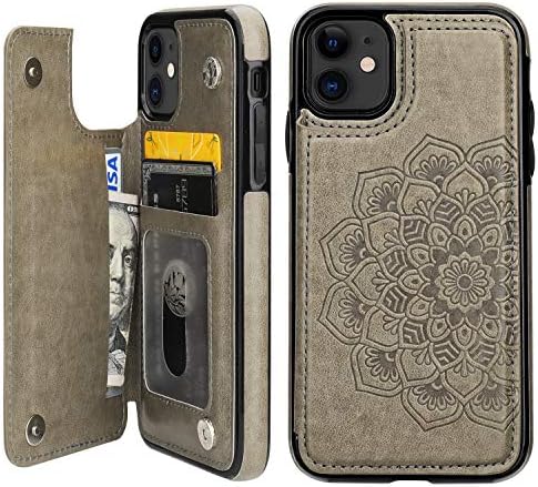 iPhone 11 Case Wallet with Card Holder, Vaburs Embossed Mandala Pattern Flower Premium PU Leather Double Magnetic Buttons Flip Shockproof Protective Cover for iPhone 11 (6.1 Inch,Gray)