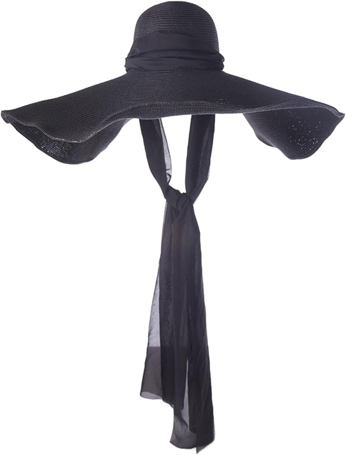 Women’s Wide Brim Paper Straw Hat with Ribbon, Foldable Summer Sun Hat for Beach Travel Outdoor UV Protection(White)