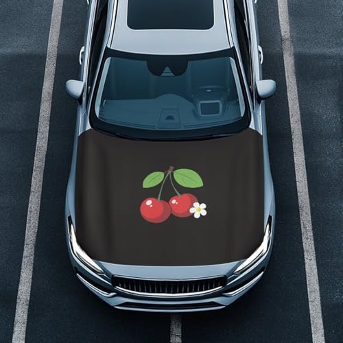 Image of Red Cherries Car Hood Cover Elastic Polyester Car Hood Cover Waterproof Automotive Accessories Easy Installation for Car Hood Decoration and Protection