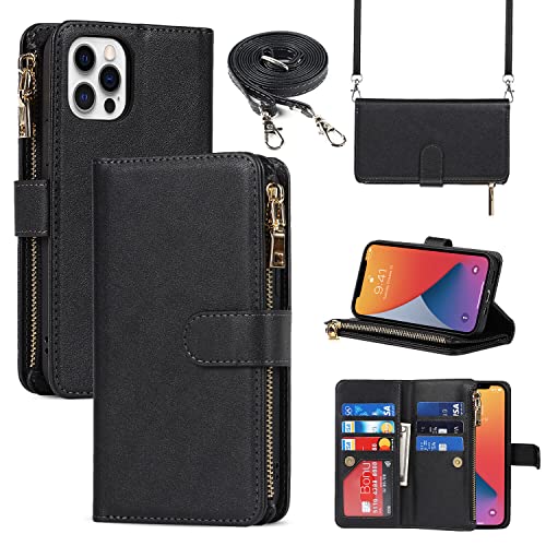 Cavor for iPhone 12 Wallet Case,for iPhone 12 Crossbody Case with Strap Stand,Card Holder for Women Men,Leather Magnetic Protective Phone Case Cover,Black