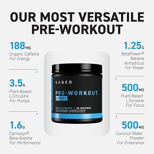 Image of Kaged Sport Pre Workout Powder for Men & Women, Blue Razz, Sport Certified, 188mg Caffeine, Nitric Oxide Supplement, Beta Alanine for Energy, Weightlifting, Cardio Endurance & Strength, 20 Servings