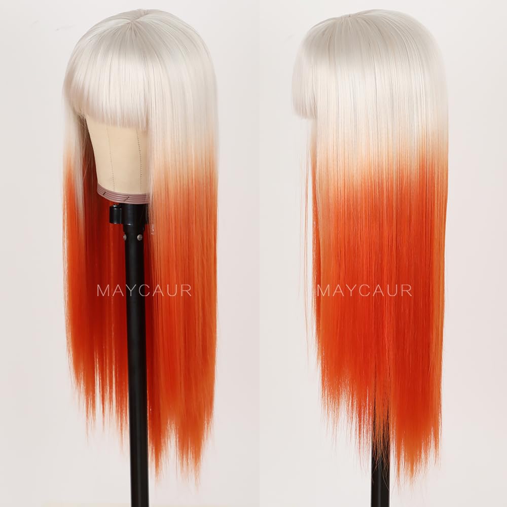 Maycaur White Orange Skunk Stripe Wigs Long Straight Synthetic Hair Wigs with Full Bangs Ombre Colored Women's Wig Glueless Heat Resistant Hair Synthetic No Lace Wigs for Fashion Women