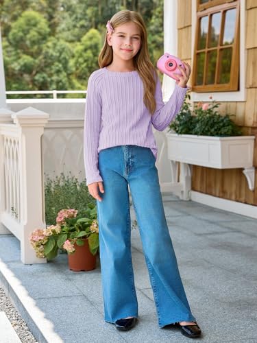 Haloumoning Girls Long Sleeve Shirts Kids Textured Crewneck Tops Casual Cute Blouse Tee 5-14 Years4