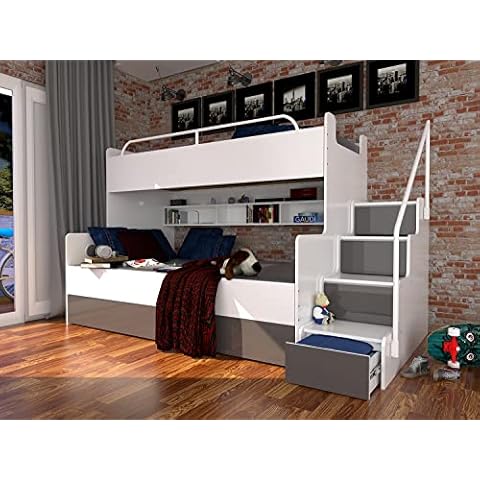 Marlux-Meble Hochbett Kinderbett JSM-3 mit Treppe 80x190 + 120x190 Hochglanz Kinderbetten Funktionsbett Etagenbett Stockbett Kinderhochbett Jugendhochbett Cover