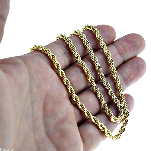 4Mm Rope Chain Yellow 14K Gold Plated Twisted Braided Mens Hip Hop 24 Inch Necklace #TOP4