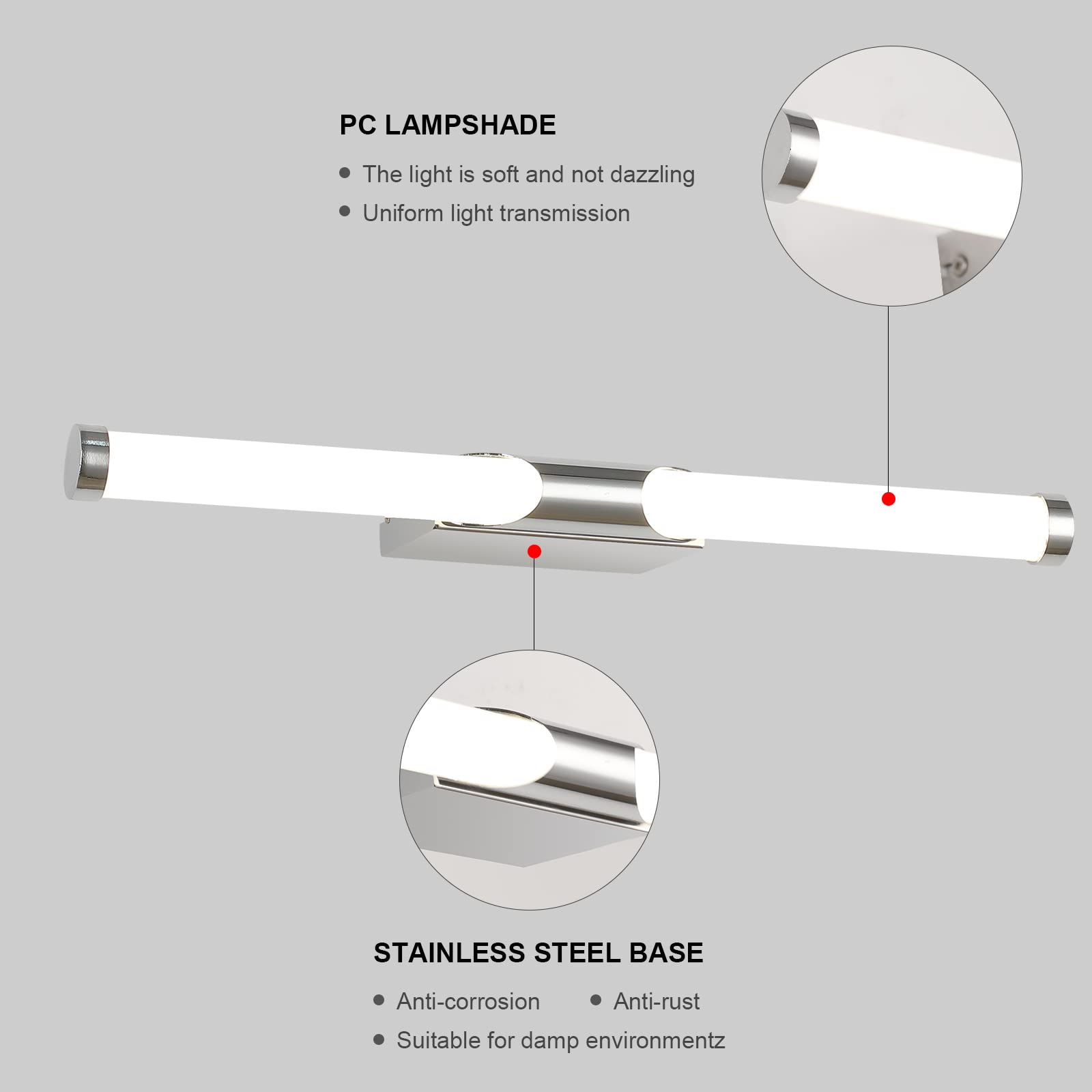 LED-Spiegelbeleuchtung fürs Badezimmer, 40 cm Chrom, wandmontiert, neutralweiß 4000K, IP44 wasserdicht, Make-up-Licht
