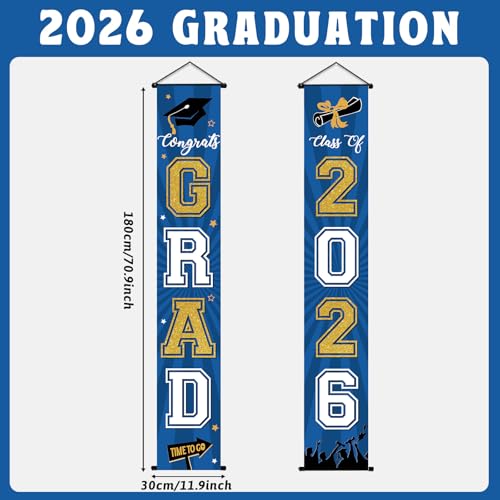 Image of Graduation Banner 2026 Graduation Decorations Blue and Gold Grad Banner Porch Sign Class of 2026 Door Decor Congrats Hanging Backdrop Blue Gold Grad Party Decor for School Congratulations Supplies