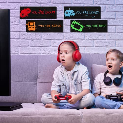 4 Pieces Gaming Decor For Boys Room Wooden Video Game Wall Art Print 4 X 11.8 Inch Motivational Quote Gamer Hanging Plaques Wall Decor For Boys Kids Room Bedroom Playroom Decorations #TOP2