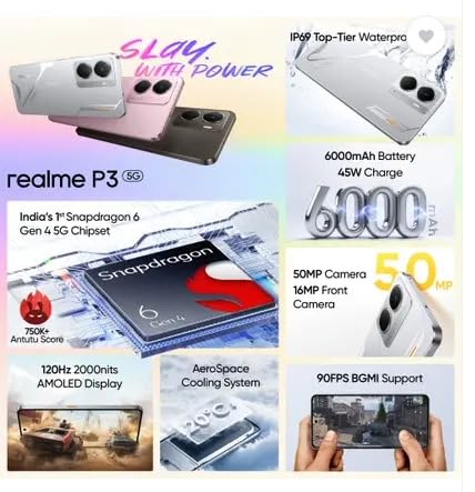 Image of realme P3 5G (Space Silver, 8GB RAM, 256GB Storage) | Snapdragon 6 Gen 4 | 50MP+2MP Rear Camera | 16MP Front | 6.67 inch Full HD+ AMOLED | 6000mAh Battery | 45W Fast Charging | Expandable Up to 2TB