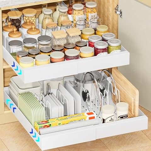 OVICAR Pull Out Cabinet Organizer - Expandable Slide Out Drawer - 21" Deep Adhesive Storage Shelf with 4pcs Divider Racks for Kitchen Pantry Bathroom Home, 12.2"-20.7" W, White Cover