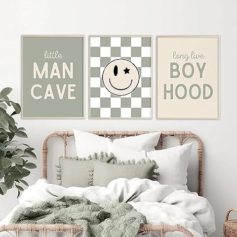 Long Live Boyhood Wall Art Nursery Baby Boys Canvas Wall Art Decor Preppy Retro Poster Prints Kids Little Man Cave Pictures Sage Green Artwork Cover