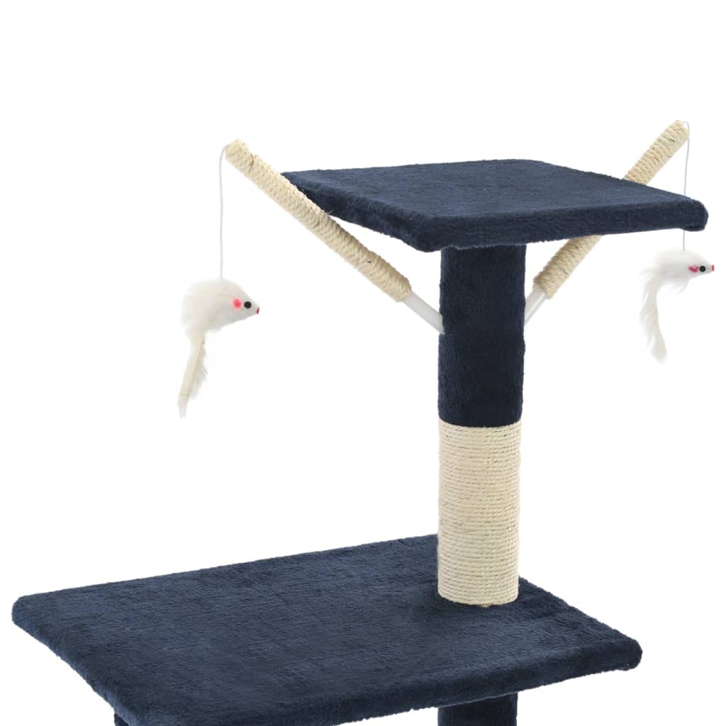 Katzen-Kratzbaum 138 cm Dunkelblau mit Sisal-Säulen | Stabiler Kletterbaum fürs Wohnzimmer mitAussichtsplattform, kuscheligem Unterschlupf und 3 Spielmäusen.