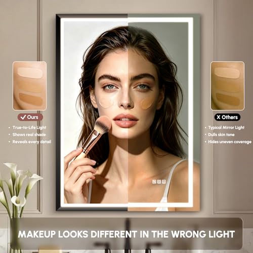 Image of USHOWER 22x30 Inch Floating LED Bathroom Mirror with Light - Black Aluminum Frame Waterproof Mirror for Wall, Smart Anti-Fog Vanity Mirror with 3 Colors, Stepless Dimmable, Memory Fuctions，ETL Listed