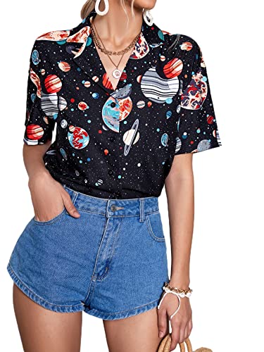 Floerns Women's Casual V Neck Collared Button Up Blouse Top Print Summer Shirt