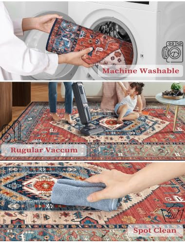 Image of SERISSA Runner Rug for Hallways, 2'6 inchx8' Washable Non Slip Boho Kitchen Runner Rug, Vintage Rust Ultra Soft Print Distressed Tribal Floor Carpet for Bedroom Bathroom Laundry Room