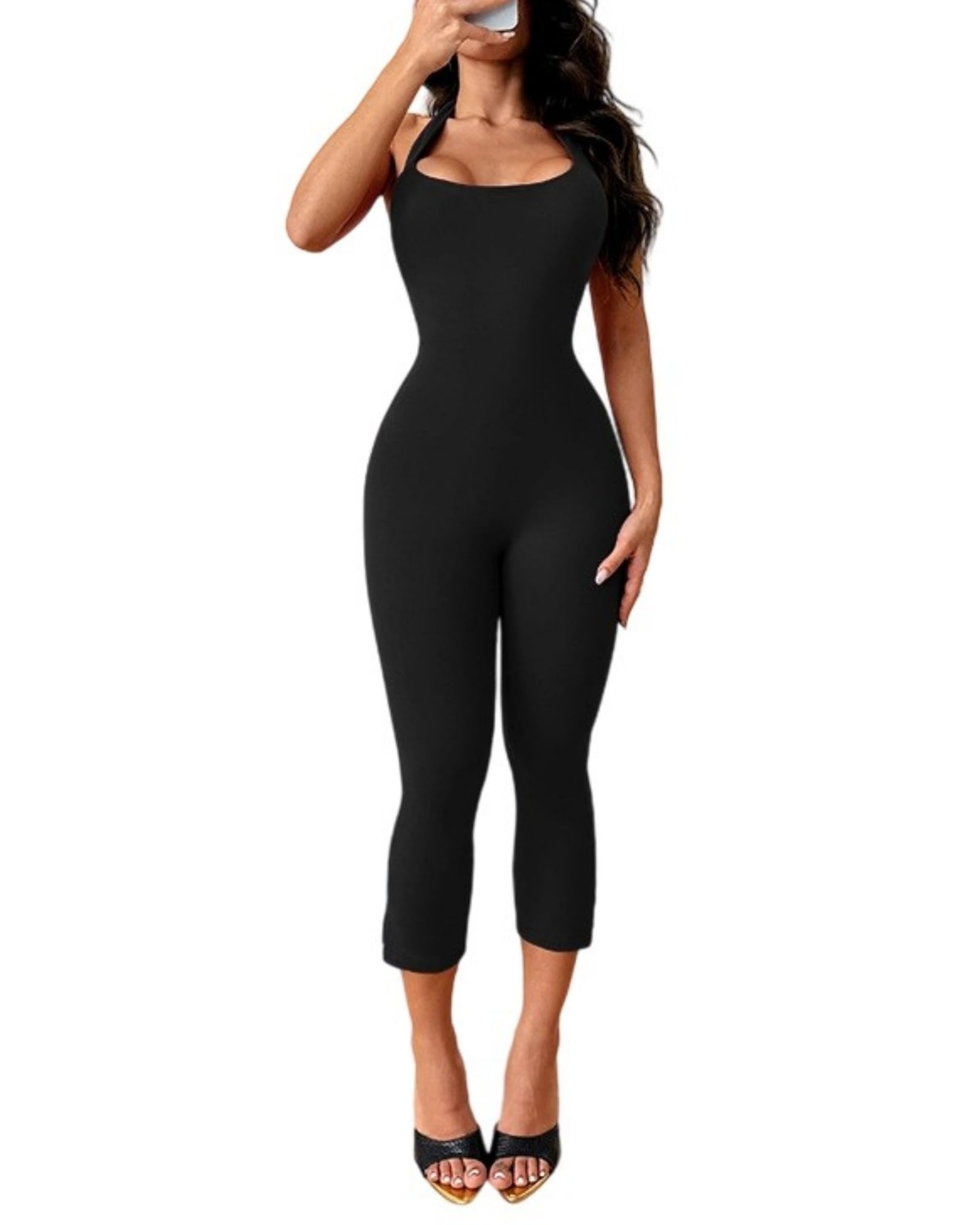 Photo 1 of ECHOINE Backless Halter Neck Jumpsuit For Women Bodycon Cropped Capri Romper Black XL