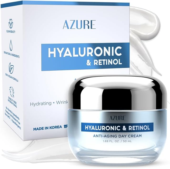 Azure Cosmetics Hyaluronic Acid Moisturizer Face Cream - Dermatologist Tested, Anti-Aging Retinol Cream for Dark Spots, Fine Lines & Wrinkles - Clean Beauty, Korean Skincare - All Skin Type - 1.69 oz