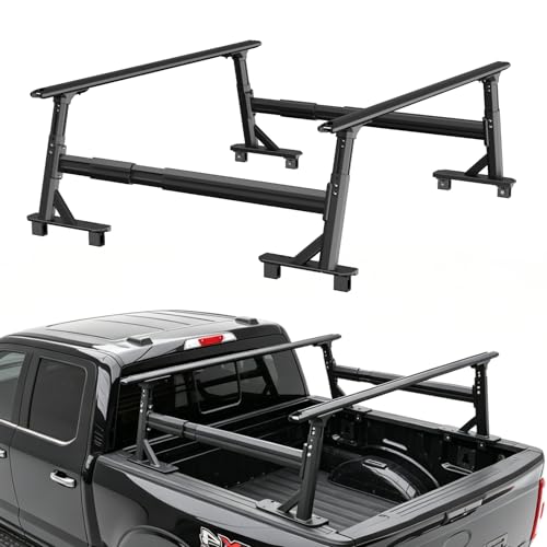 Image of Adjustable Aluminum Truck Ladder Rack - Fits Ford F-150, Dodge Ram & Chevy Silverado, 800lbs Dynamic / 1000lbs Static Load, Tool-Free Non-Drilling Installation, Micro-Inward Tilt for Stable Cargo